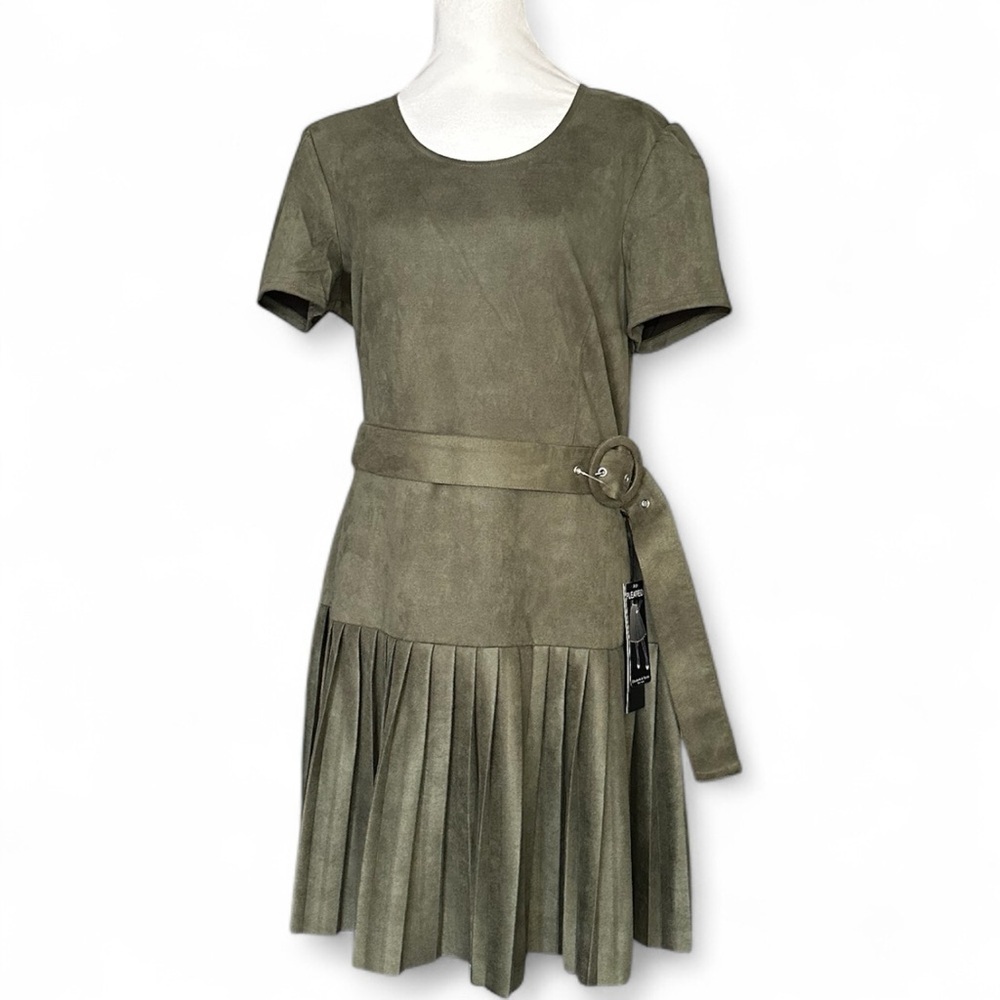 Elizabeth & Nicole Elegant Olive Belted Mini Dress size Large NWT